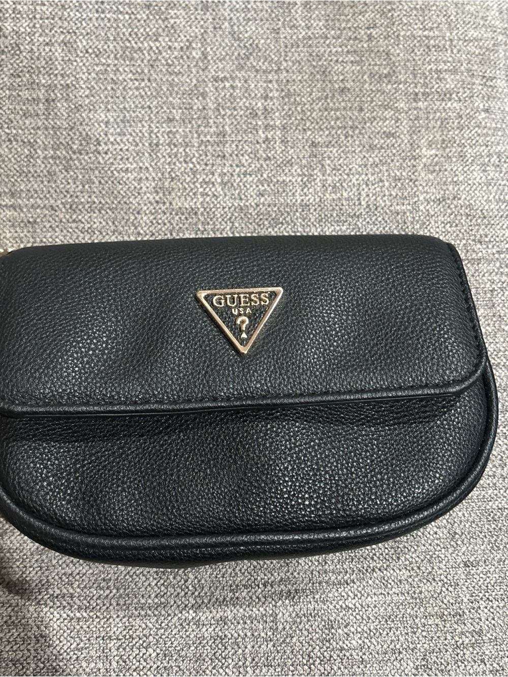 GUESS Black Pebbled Leather Mini Crossbody with Gold Plaque